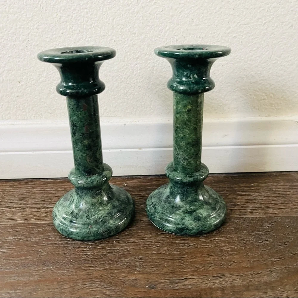 Green Marble Candlestick Pair - Elegant Home Accent 6.5 Inch tall
